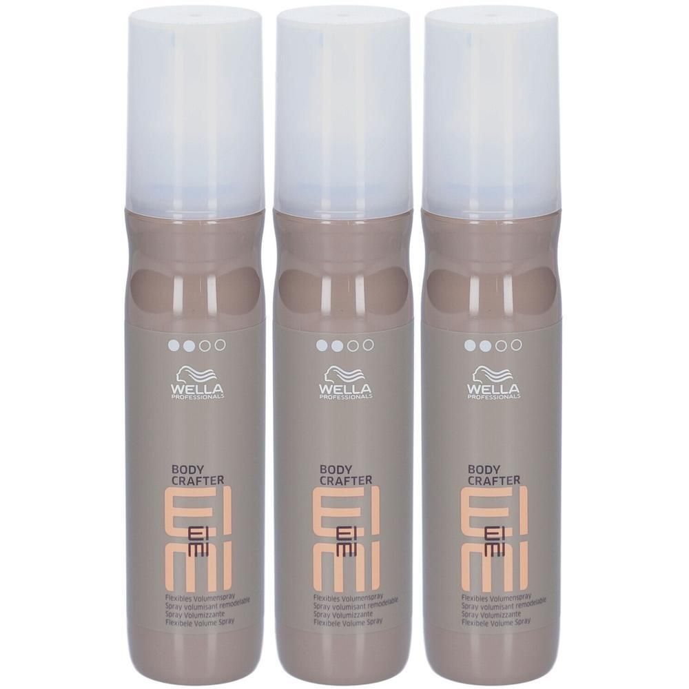 Drie flacons Wella Professionals EIMI Body Crafter spray met witte dop.