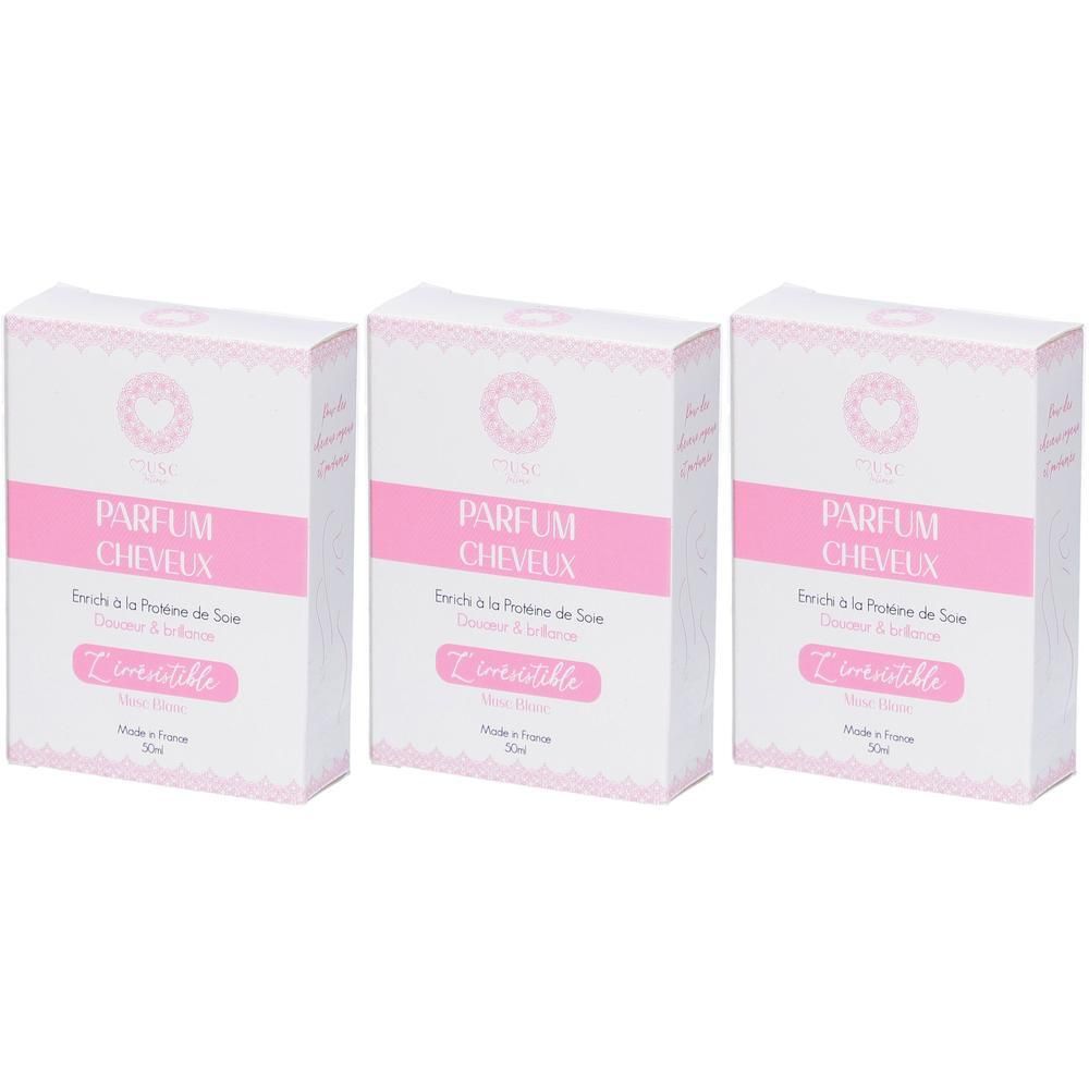 Trois boîtes de parfum pour cheveux, enrichies en protéine de soie. Blanc avec des accents roses.