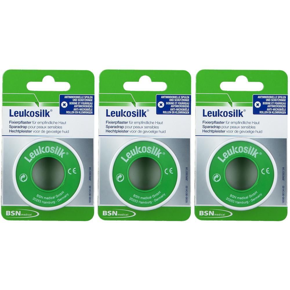 Trois paquets de Leukosilk sparadrap pour peaux sensibles. Chaque paquet contient un rouleau.