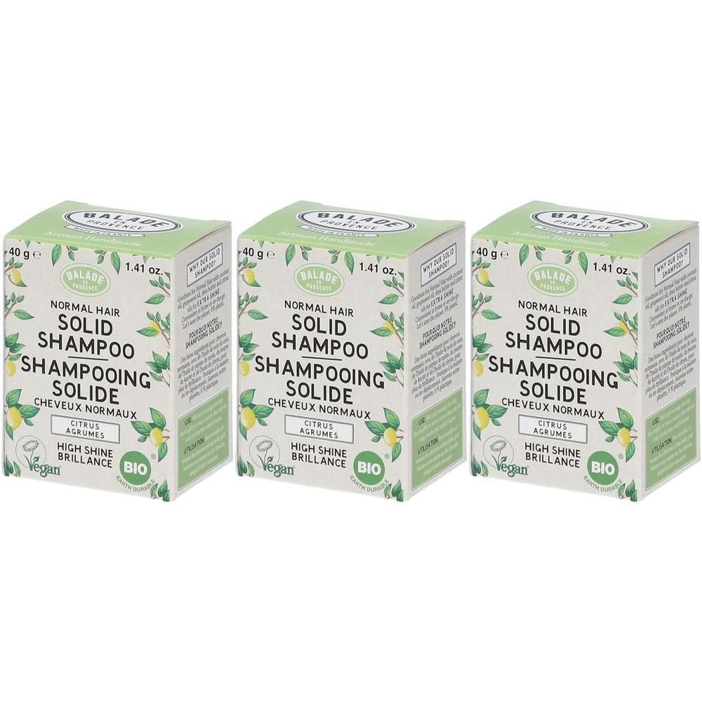 Drie pakken solide shampoo voor normaal haar met citrusgeur. 40g per pak.