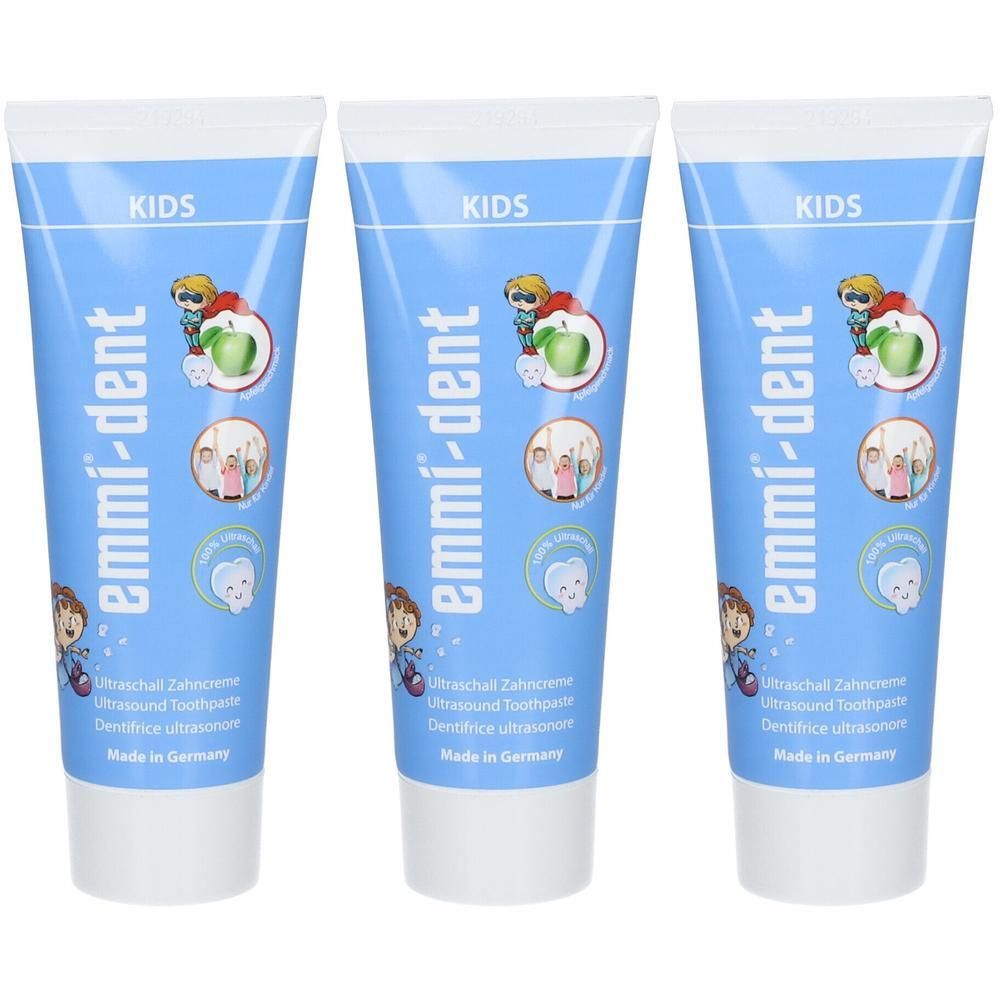 Trois tubes de dentifrice à ultrasons Emmi-Dent pour enfants avec motifs et texte adaptés aux enfants.