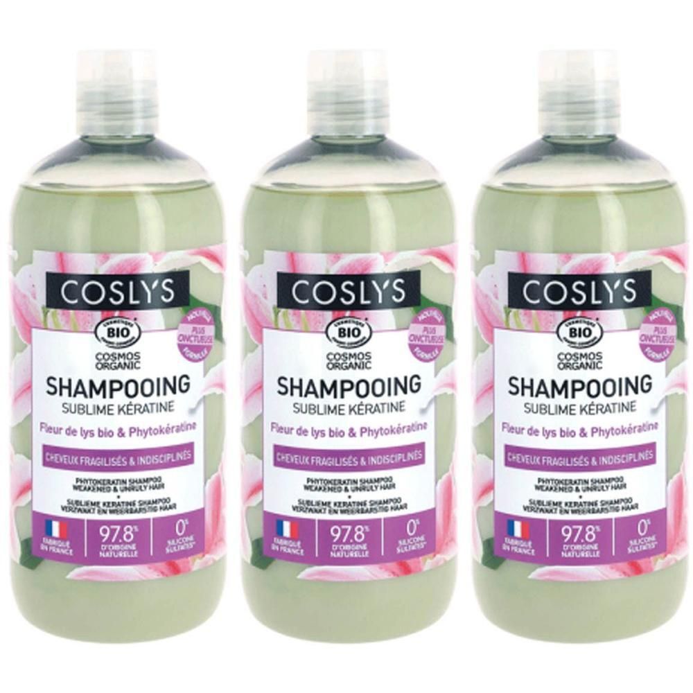 Drie flessen Coslys Sublime Kératine Shampoo voor kwetsbaar haar. Bloemenpatroon.