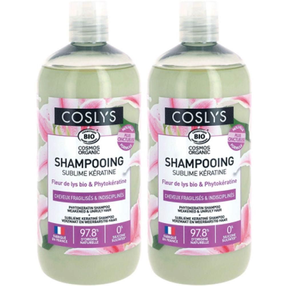 Deux bouteilles de shampooing Coslys Sublime Kératine pour cheveux fragiles, à la fleur de lys.