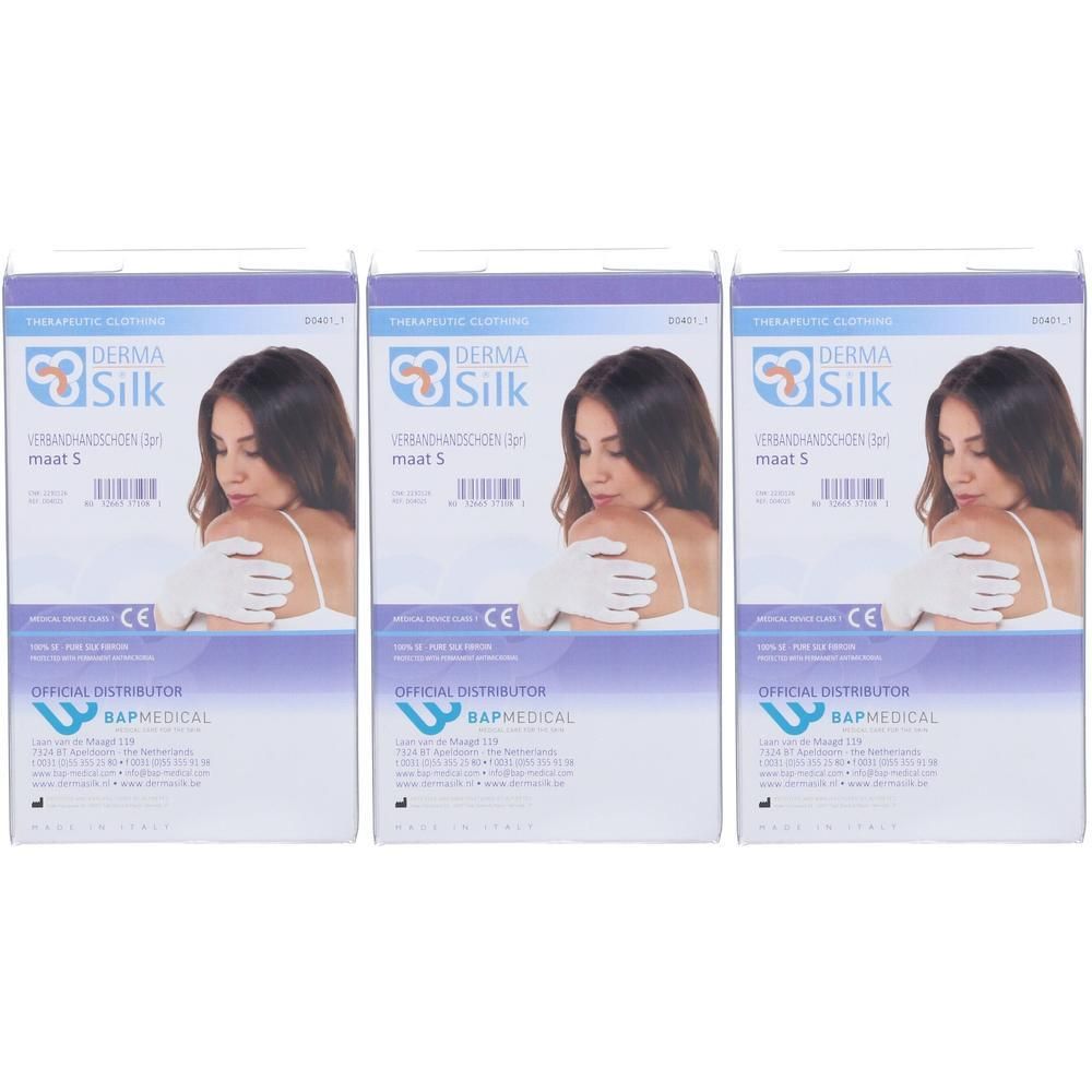Trois paquets de gants de pansement DermaSilk, taille S.
