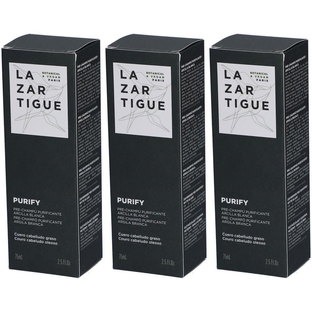 Drie dozen Lazartigue Purify Pre-shampoo met witte klei. Tekst in het Frans.