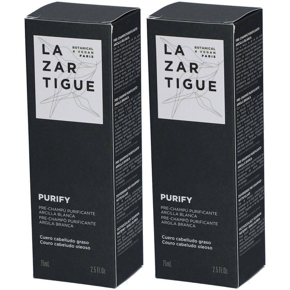 Twee dozen Lazartigue Purify Pre-Shampoo met witte klei. 75ml.
