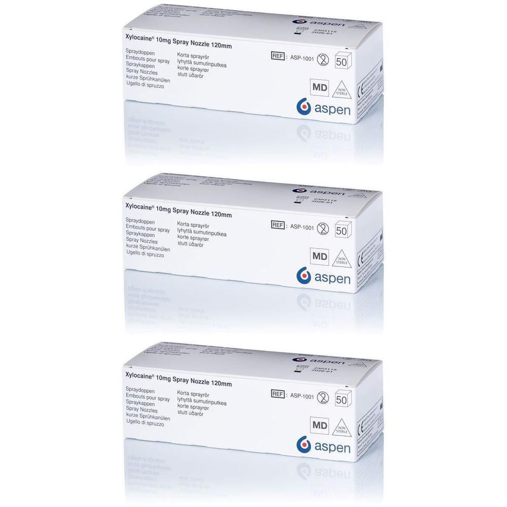 Trois boîtes de buse de pulvérisation Aspen Xylocaine 10mg 120mm. Logo Aspen et marquage MD visibles.