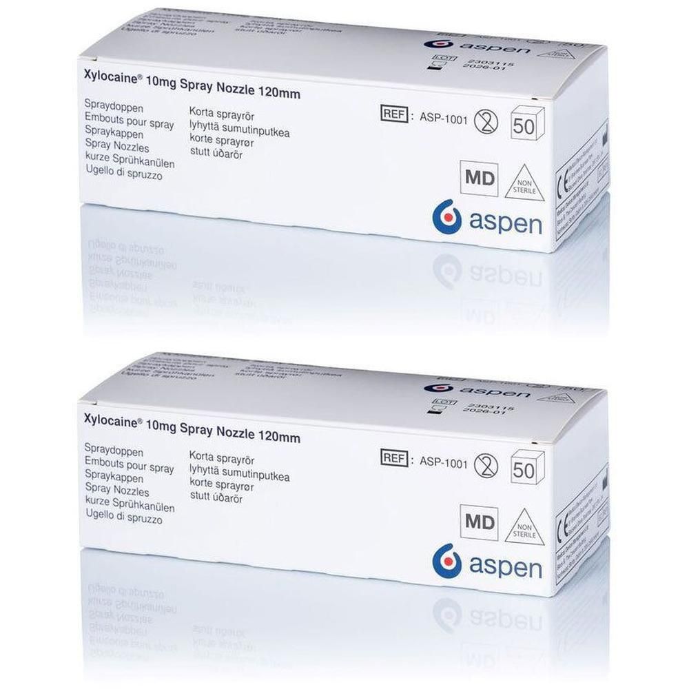 Twee verpakkingen Aspen Xylocaine Spray nozzles 10mg 120mm. REF: ASP-1001.
