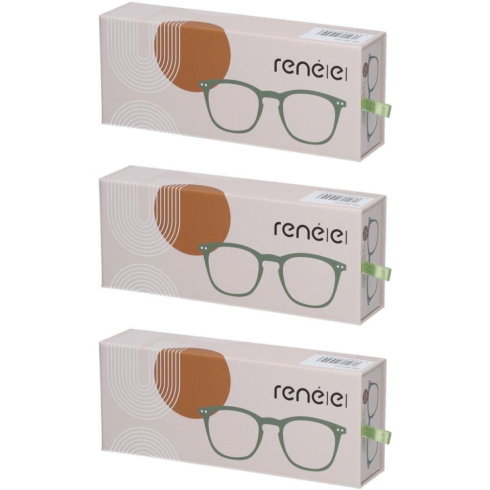 Trois boîtes de lunettes de protection vertes. Chaque boîte présente une paire de lunettes et le logo René(e).