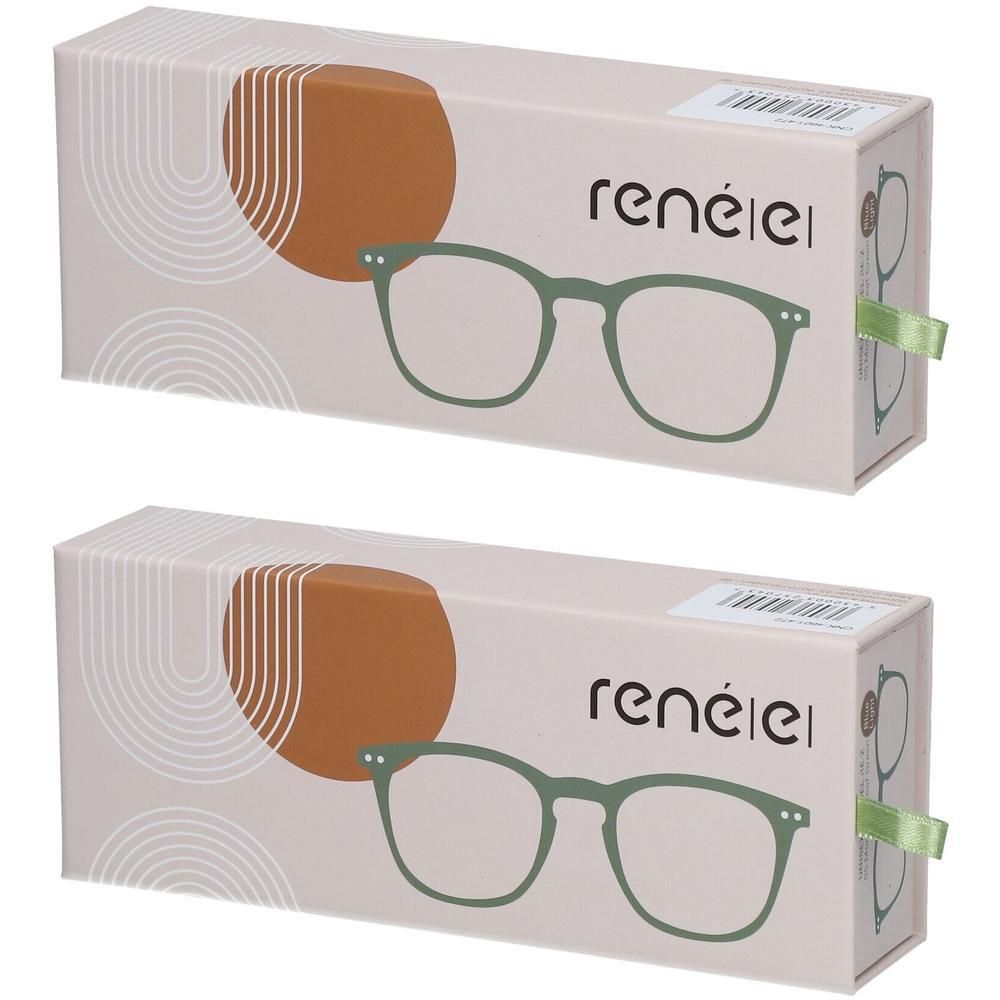 Verpakking met twee brillen, groen, met het 'renéiel'-logo.