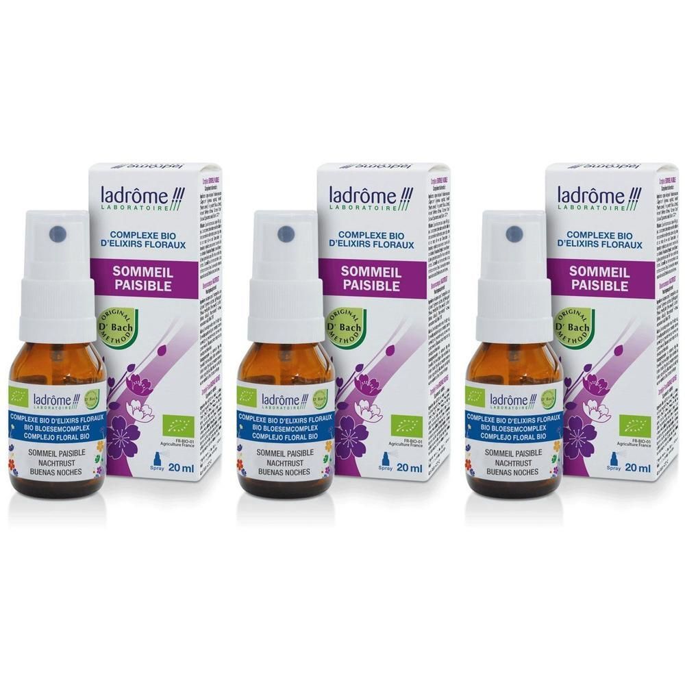 Trois flacons Ladrome Bio-Bloesemcomplex Spray avec boîtes. Flacons en verre brun avec tête de pulvérisation blanche.