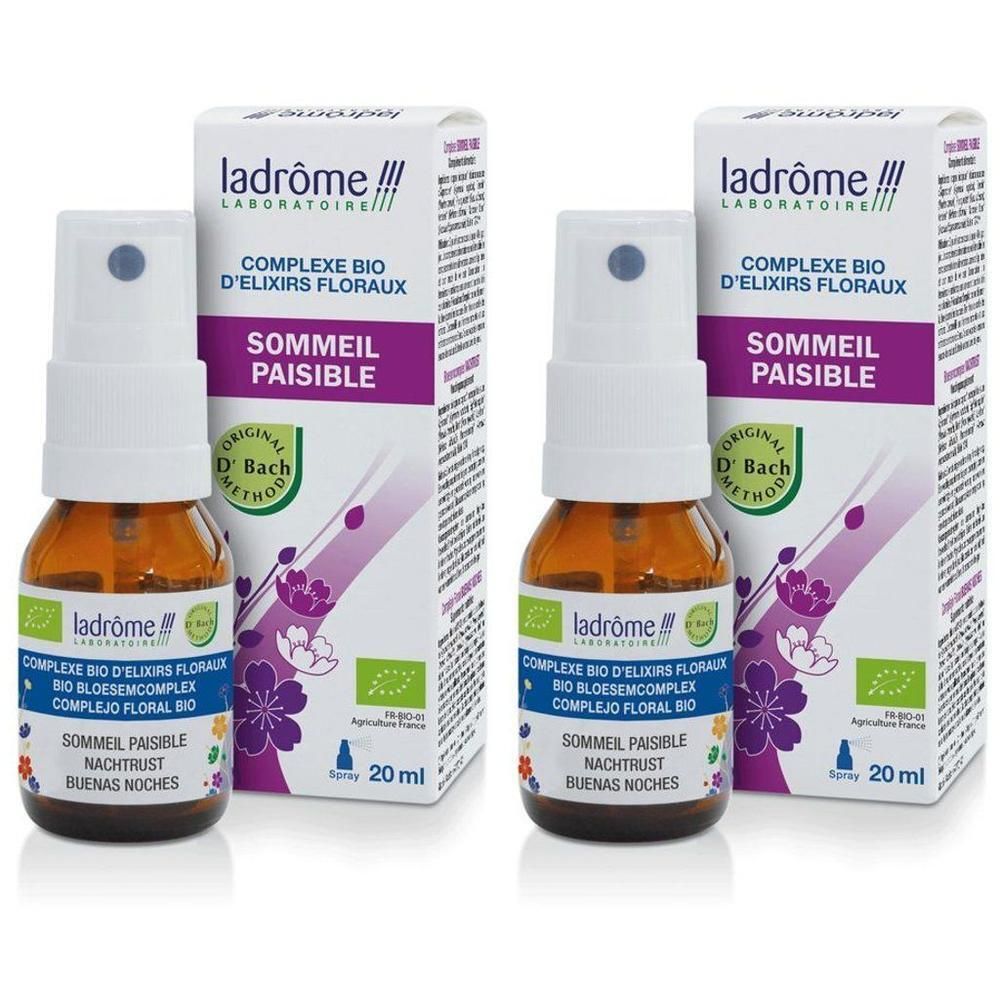 Twee flacons Ladrome Bio-Bloesemcomplex Spray met doosjes. Bruine glazen flesjes met spuitkop. 20 ml.