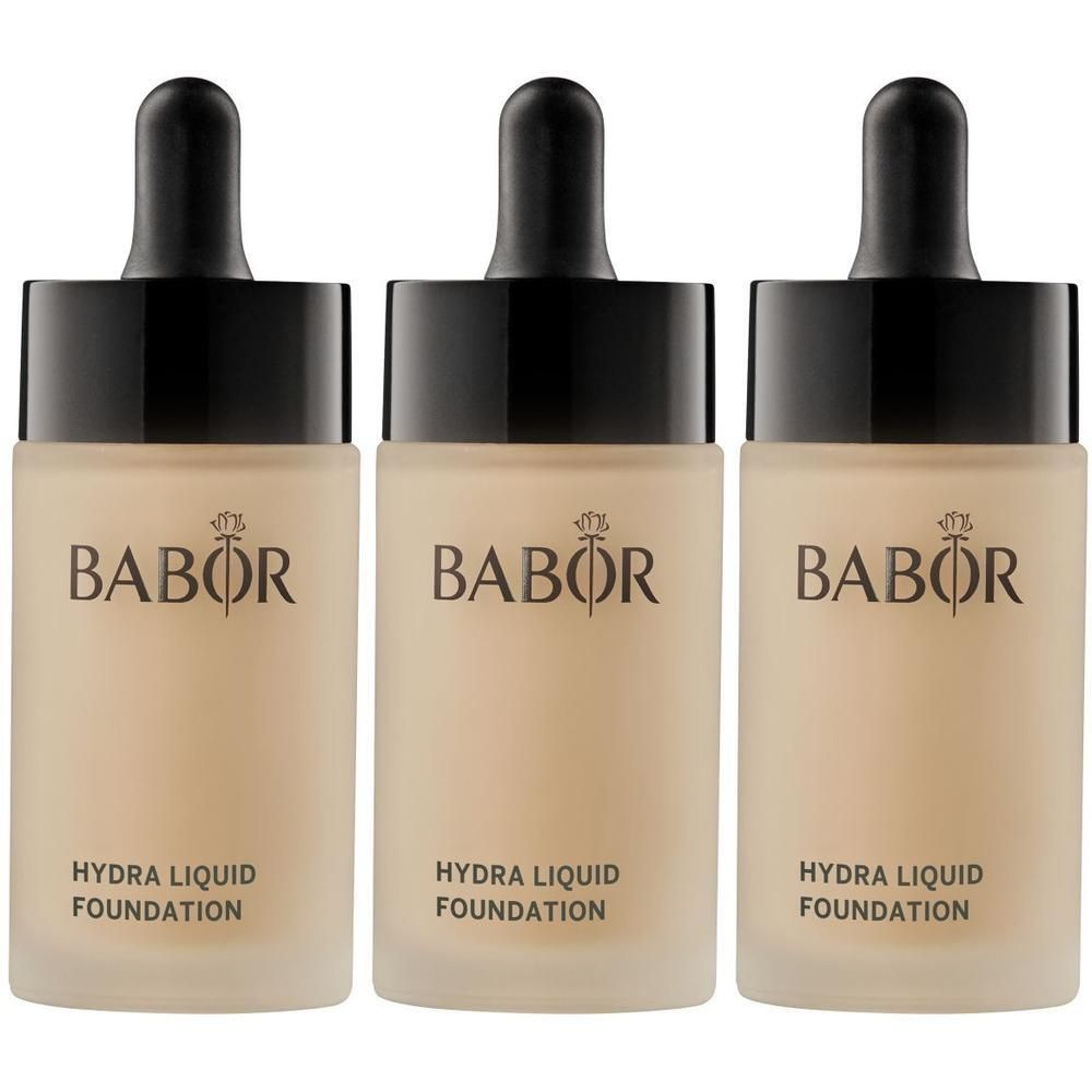 Drie Babor Hydra Liquid Foundation flesjes met druppeldop. Beige tint.