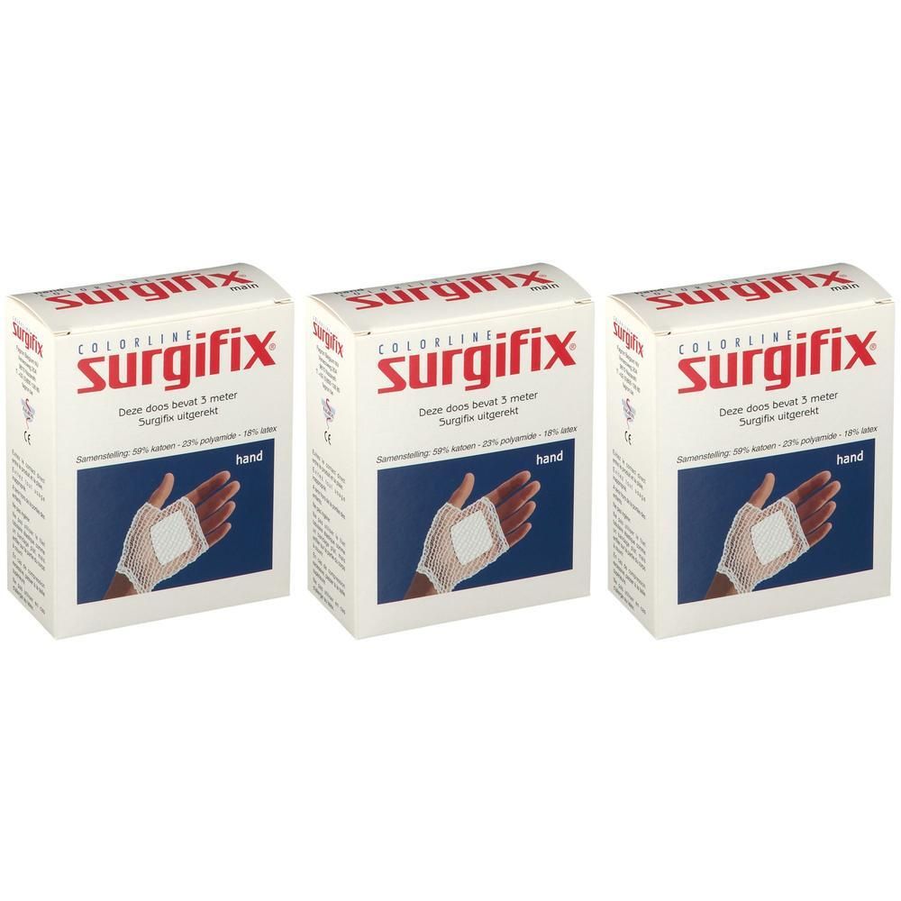 Drie pakken Surgifix Hand. Witte dozen met rode opdruk en afbeelding van een hand met verband.