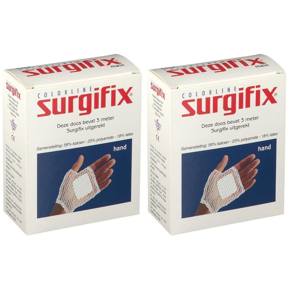 Twee verpakkingen Surgifix hand. Toont een hand met een witte gaasverband.