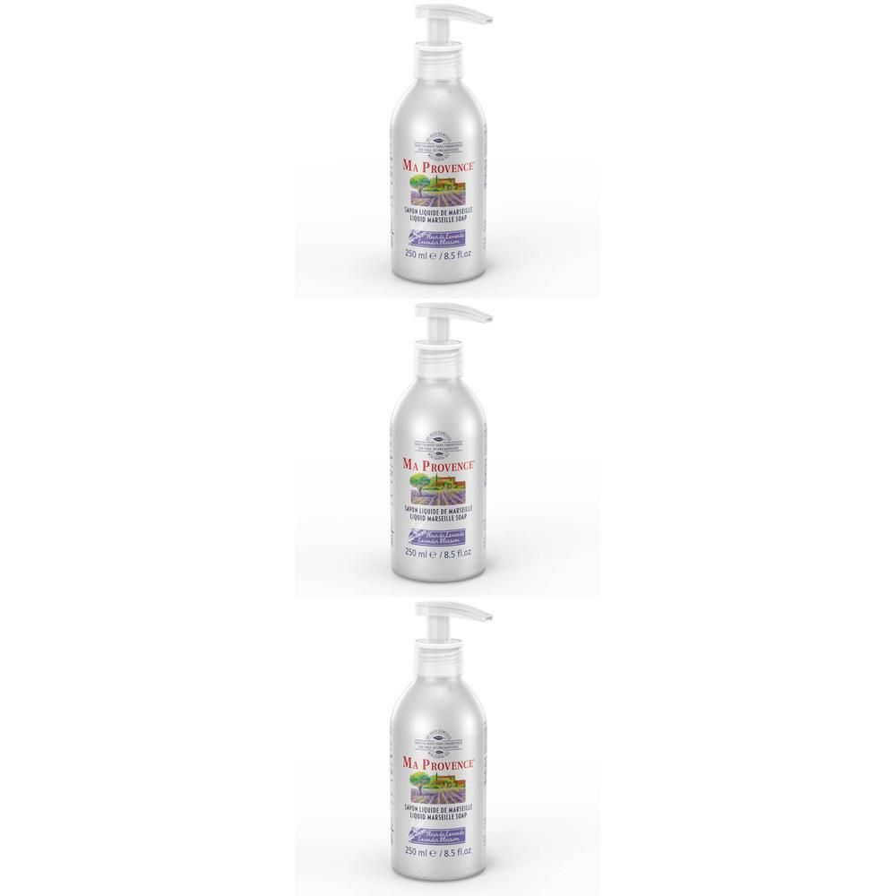 Trois flacons pompe de savon liquide à la lavande. L'étiquette indique 'Ma Provence' et 'Fleur de Lavande'.