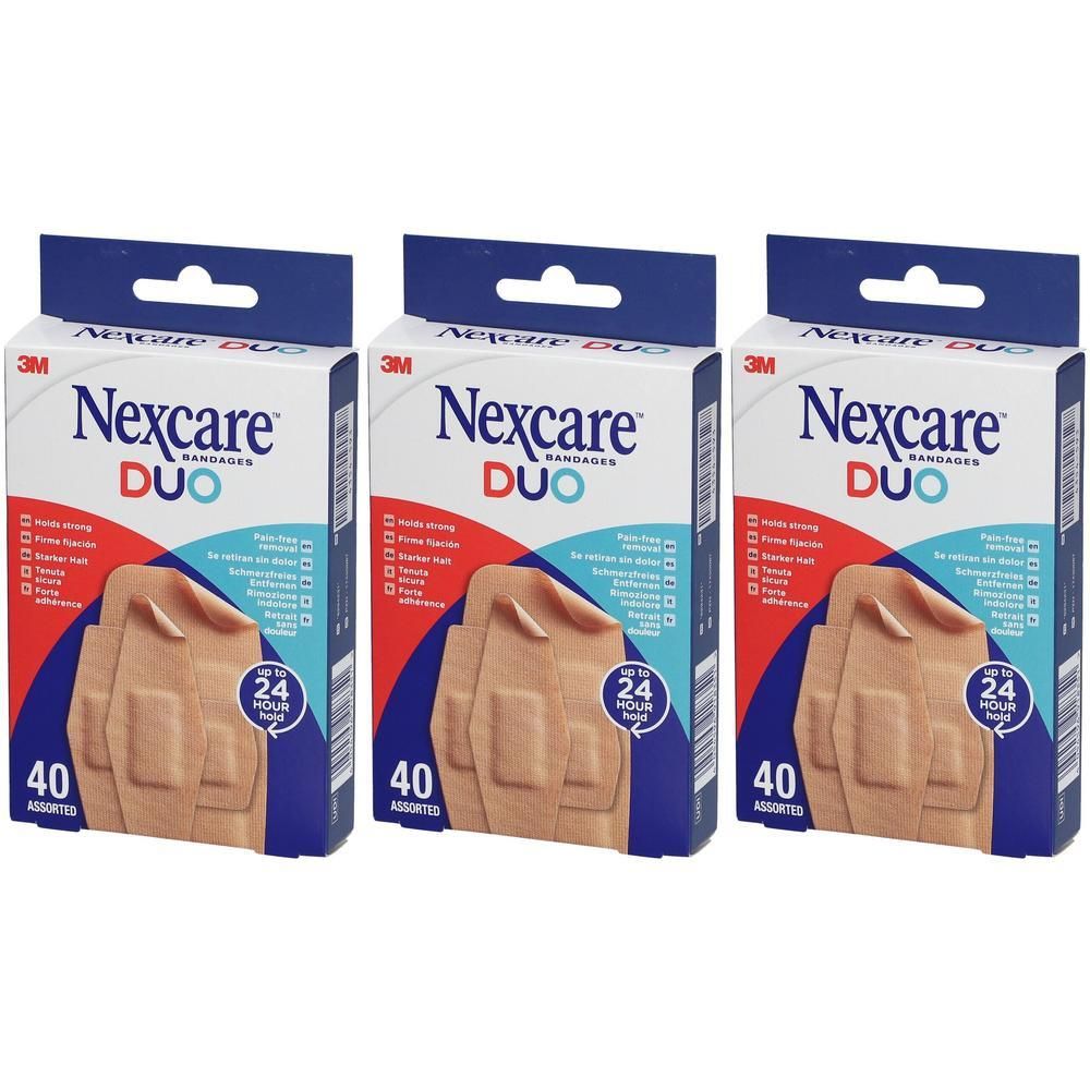 Drie pakken Nexcare Duo pleisters, elk met 40 pleisters.