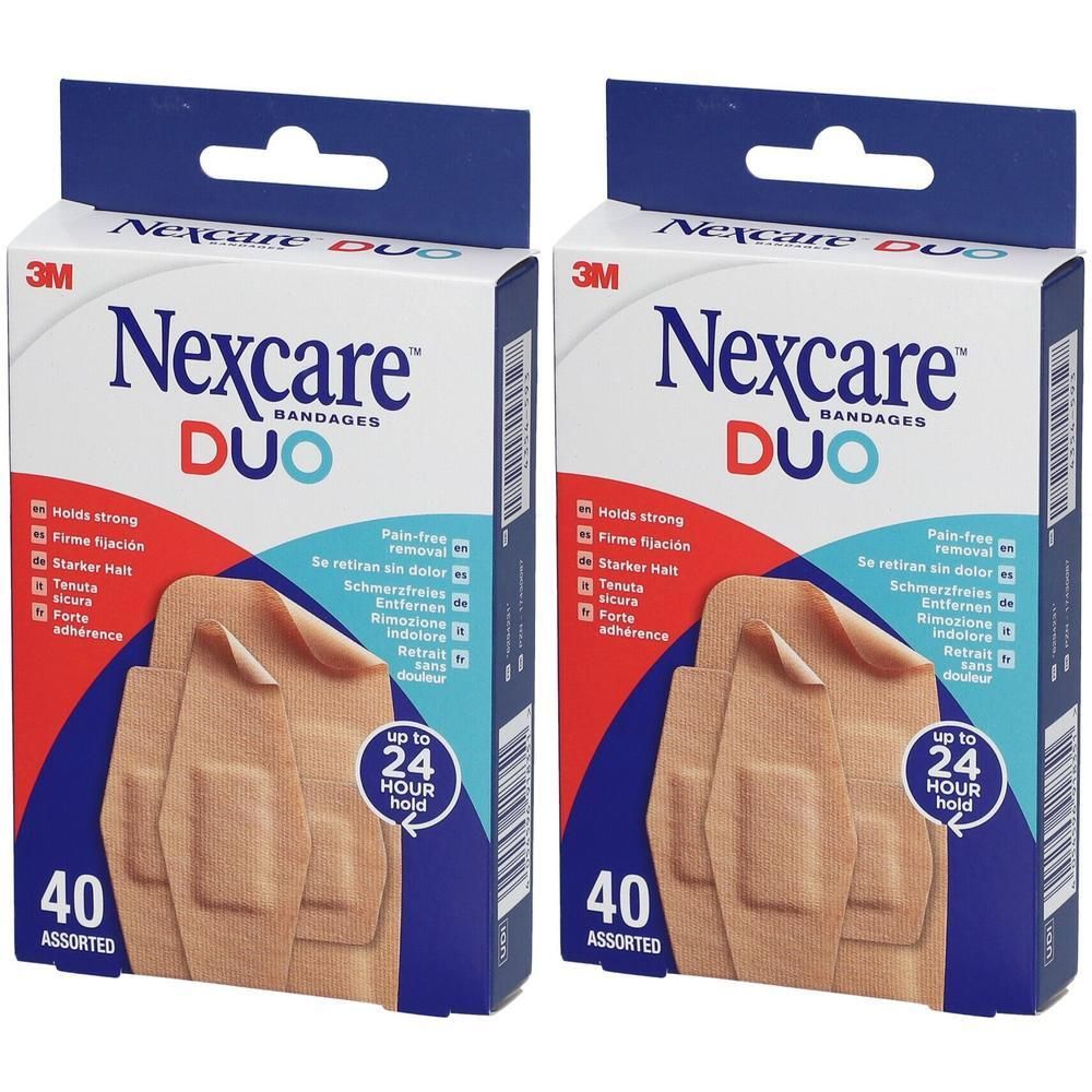 Twee pakken Nexcare Duo pleisters, 40 per pak, voor tot 24 uur fixatie.