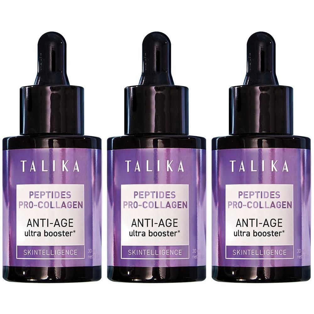 Trois flacons Talika Peptides Pro-Collagen Anti-Age Ultra Booster avec pipettes. Étiquettes violettes avec texte blanc.