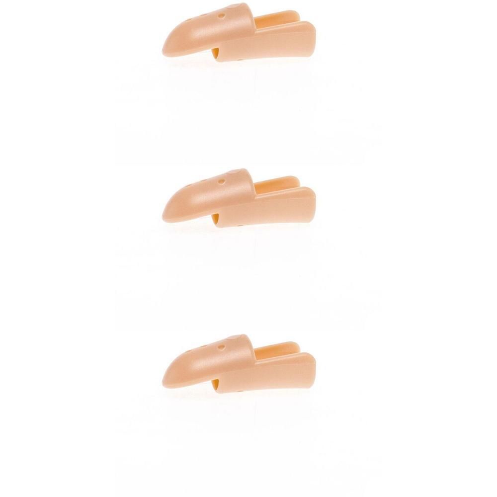 Drie huidkleurige vingerorthesen van kunststof, die elk een vinger beschermen.