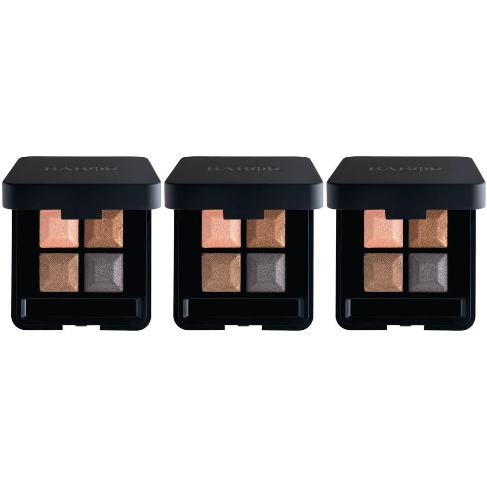 Trois Babor Eye Shadow Quattros noirs, chacun avec quatre couleurs : rose, or, brun, gris.