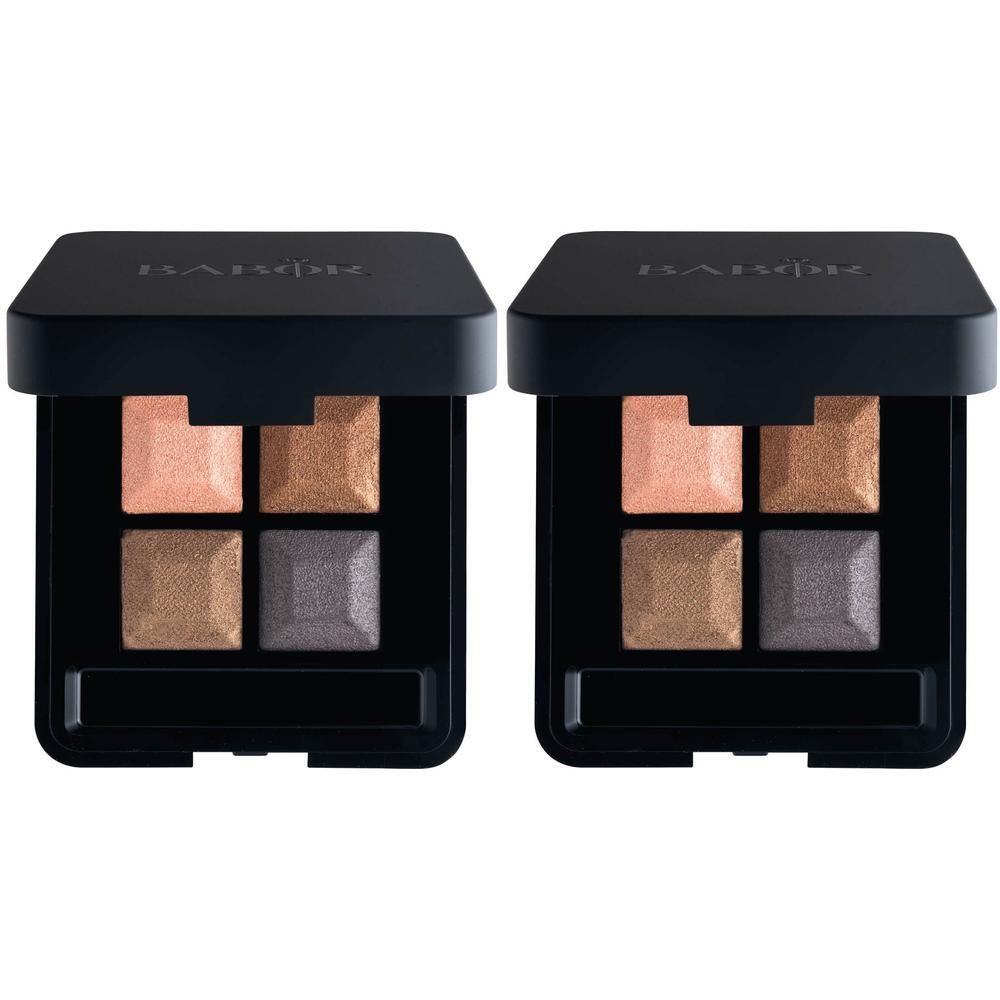 Twee Babor Eye Shadow Quattro palettes met elk vier kleuren: roze, goud en grijs.