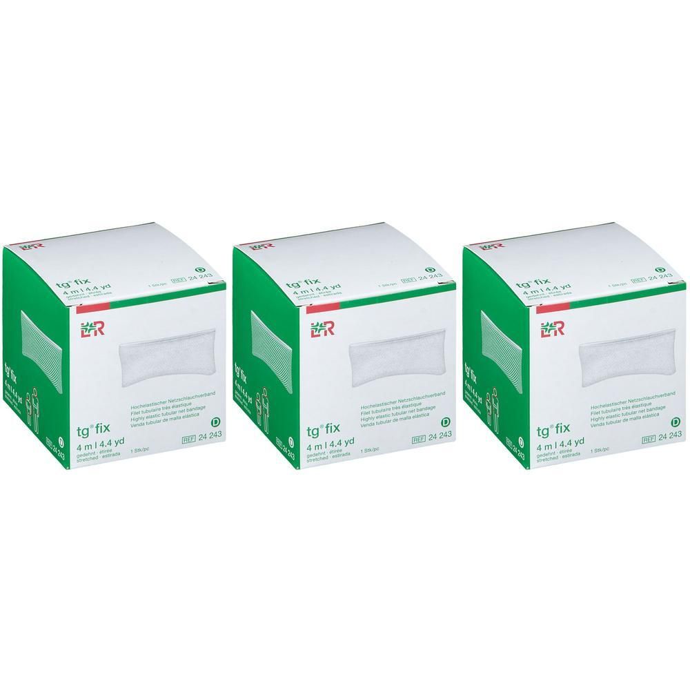 Trois paquets de Tg-Fix, bandage de 4 m. Compresse blanche sur emballage vert.