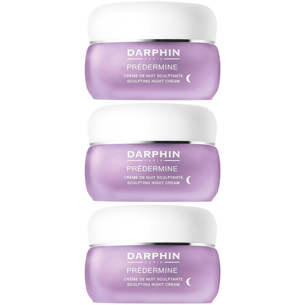 Drie Darphin Prédermine Sculpting Night Cream potjes met witte deksel en paars lichaam.