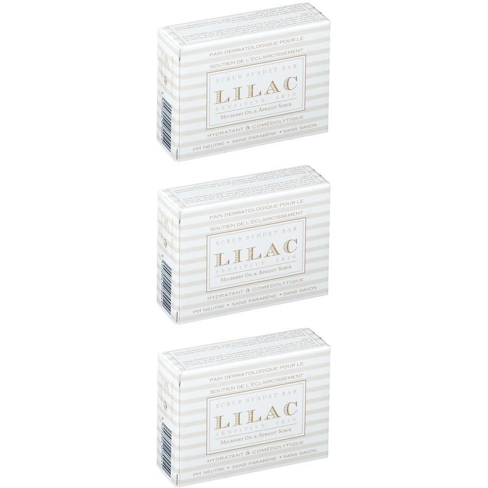 Drie pakken Lilac Pain Dermatologique Éclaircissant Gommant zeep met streepjespatroon.