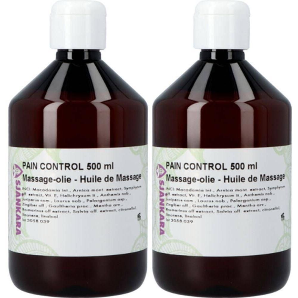 Twee flessen Sjankara Pain Control massageolie, elk 500 ml.