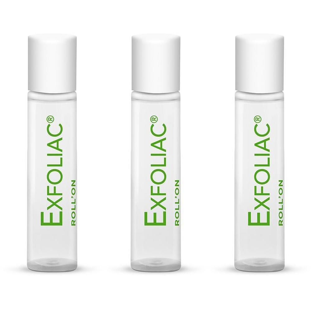 Trois flacons roll-on transparents avec bouchons blancs et inscription verte.