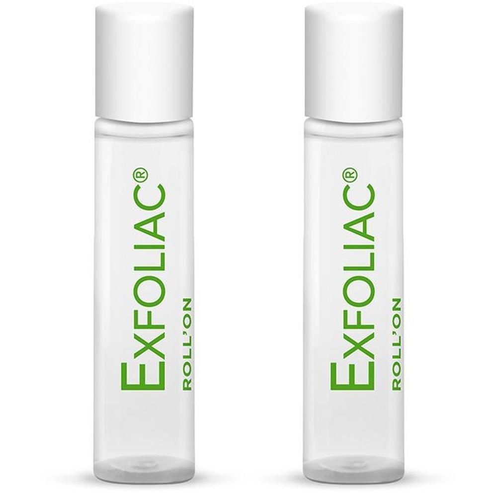 Twee Noreva Exfoliac Roll-On flesjes met witte dop en groene tekst.