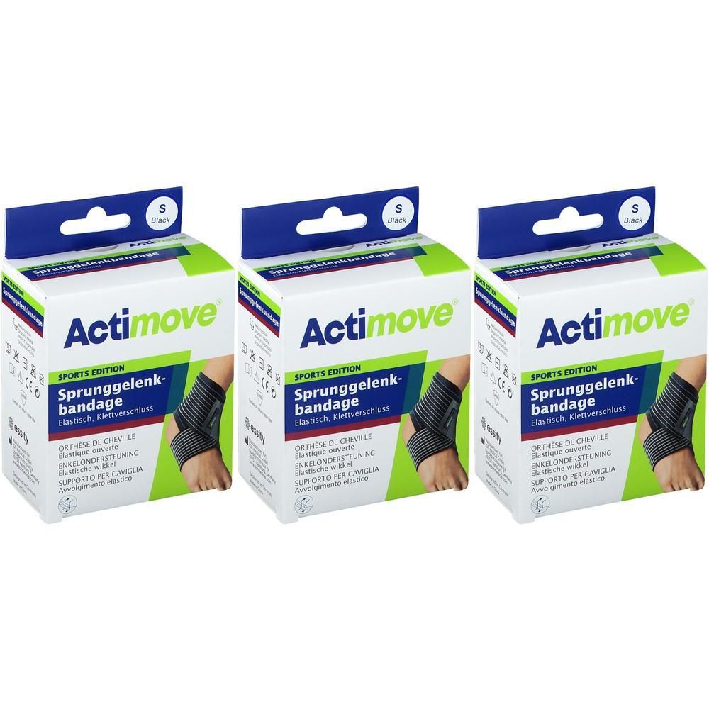 Trois bandages Actimove pour cheville, taille S, noirs, en emballage de vente.