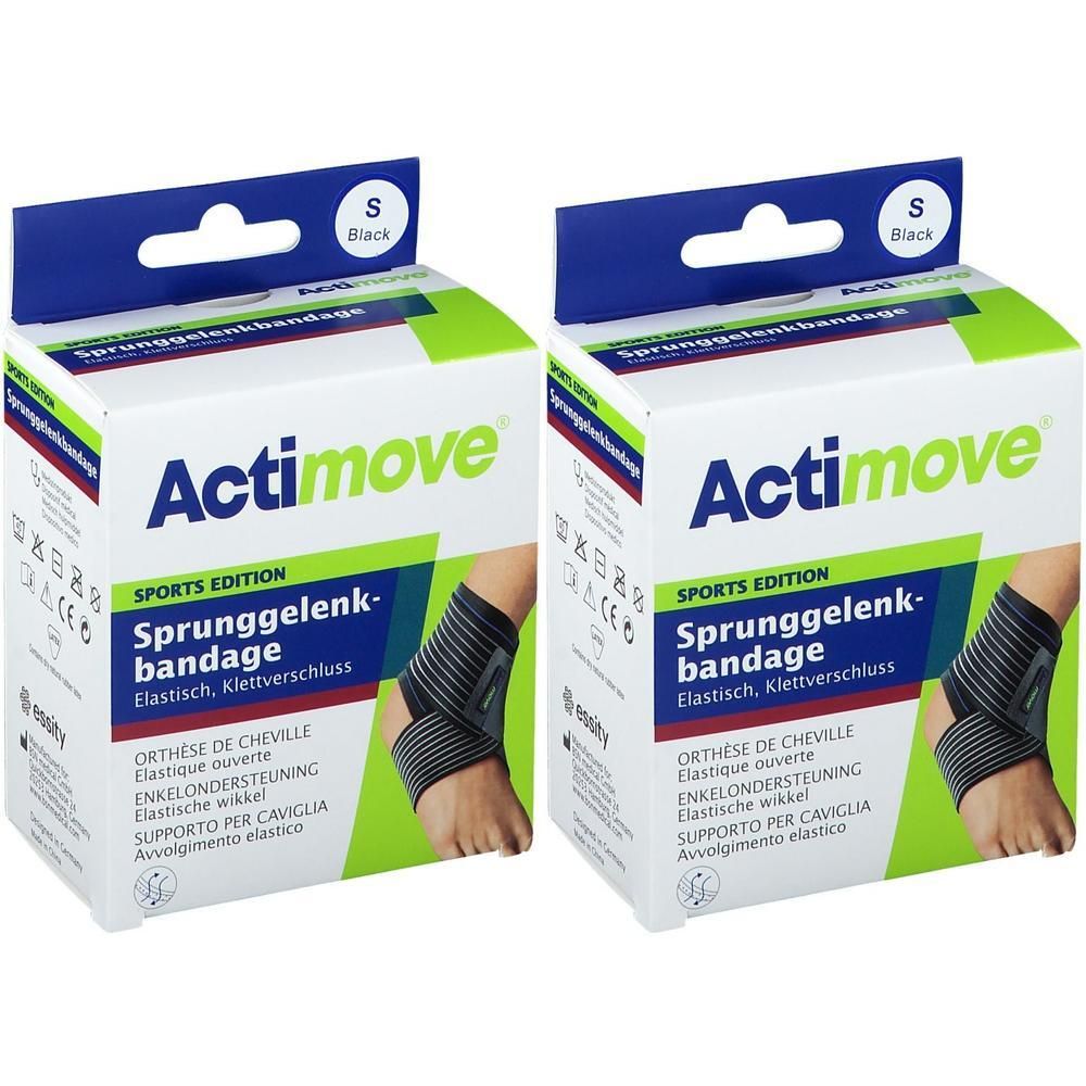 Deux bandages Actimove Sport pour cheville, taille S, noirs. Élastiques avec fermeture velcro.