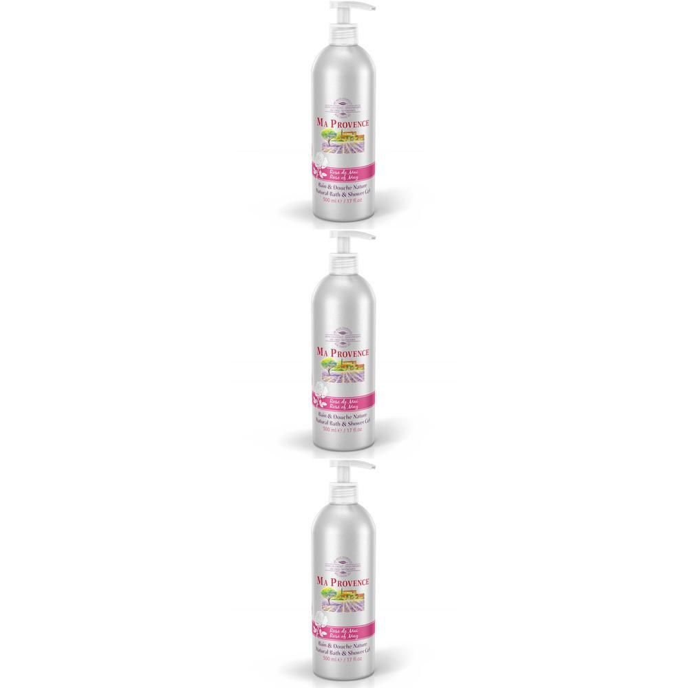 Trois flacons argentés à pompe contenant du gel douche et du sel de bain Ma Provence Rose de Mai.