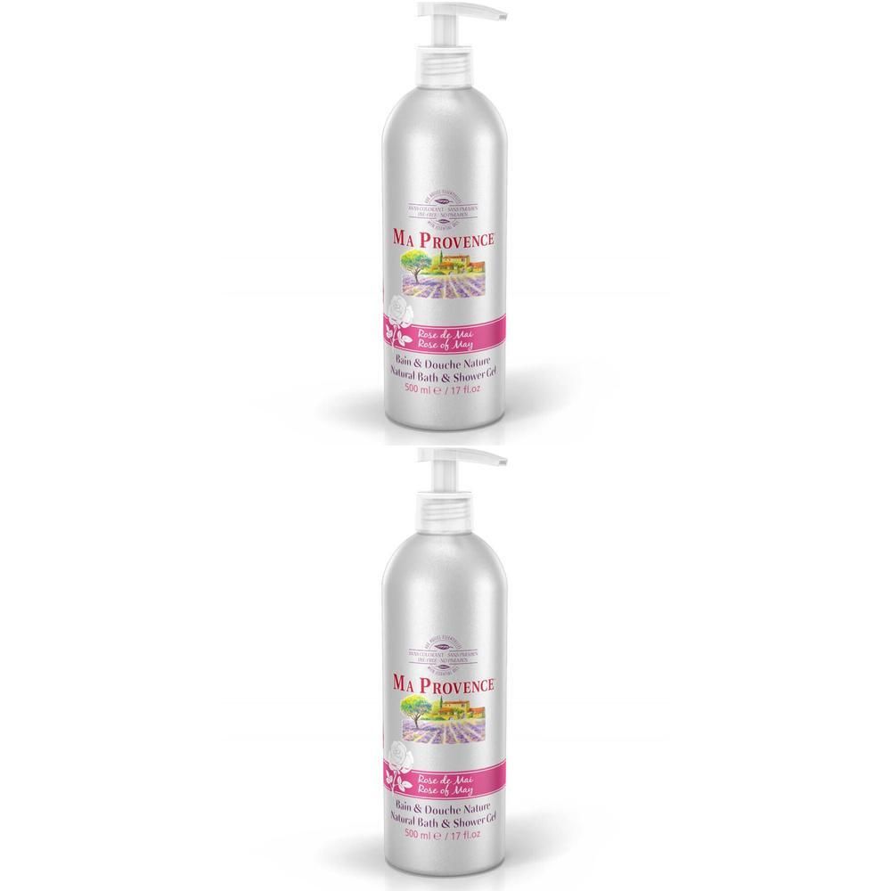 Deux flacons argentés à pompe de gel douche Ma Provence Rose de Mai.