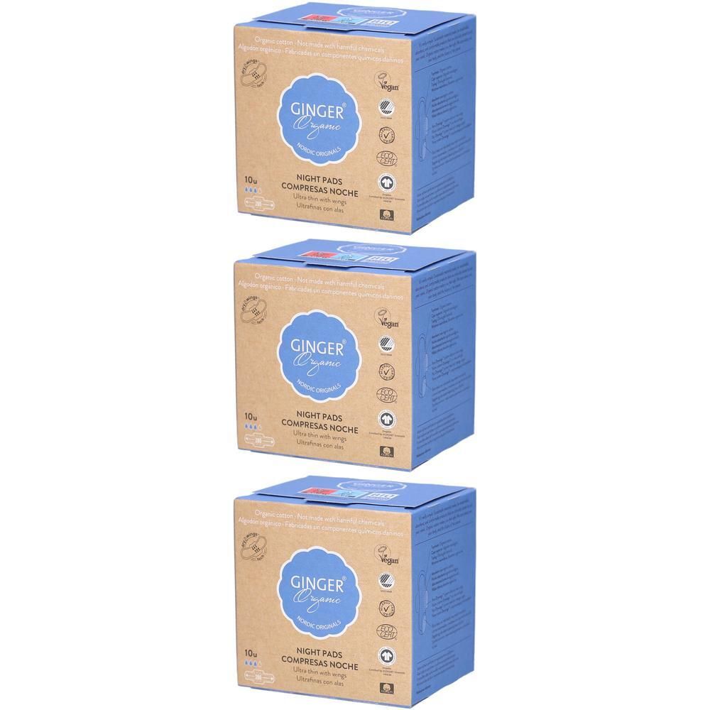 Trois boîtes de serviettes hygiéniques de nuit Ginger Organic avec ailettes, emballées individuellement. 10 serviettes par boîte.