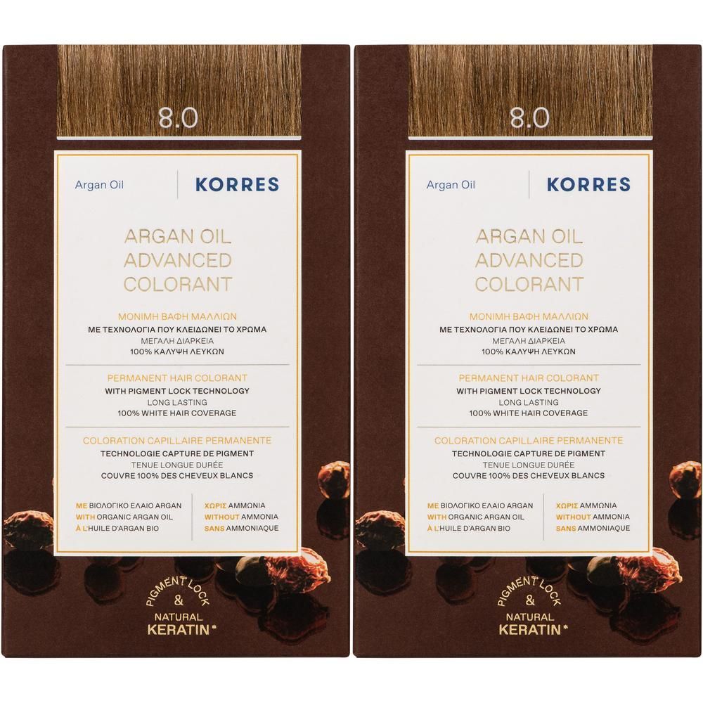 Twee pakken Korres Argan Oil Advanced Colorant 8.0 Lichtblond.