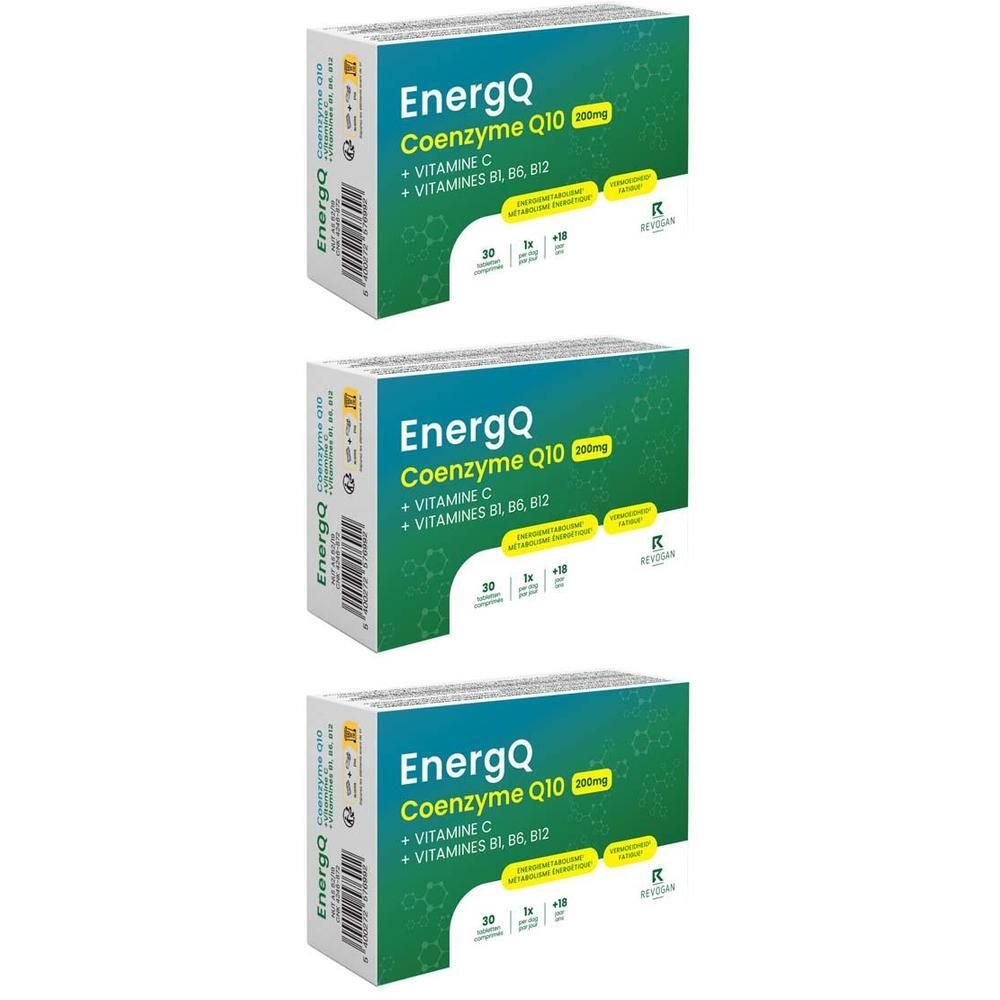 Trois boîtes d'EnergQ Coenzyme Q10 200 mg avec vitamines B & C.