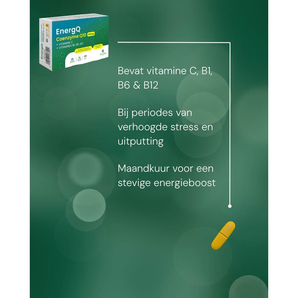 Verpakking EnergQ Coenzyme Q10 200 mg met vitamines C, B1, B6, B12.