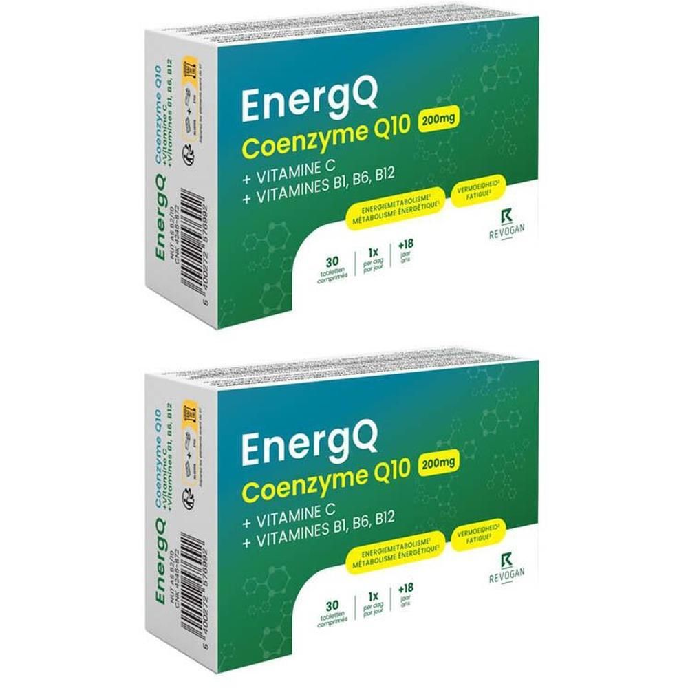 Deux boîtes EnergQ Coenzyme Q10 200mg avec vitamines C, B1, B6, B12.