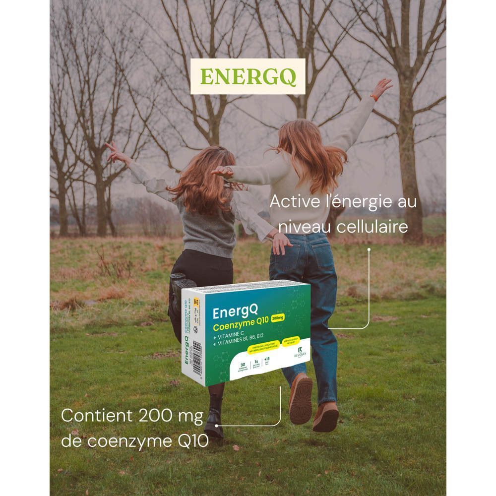 Boîte EnergQ Coenzyme Q10 200mg avec vitamines C, B1, B6, B12 en extérieur.
