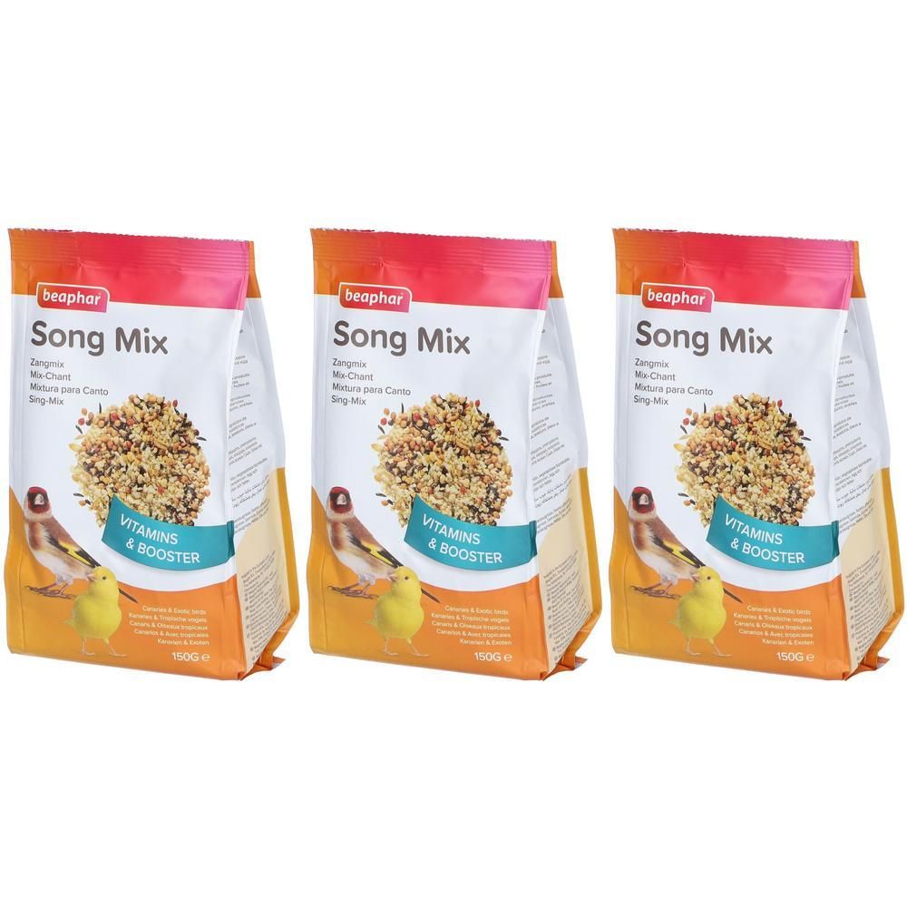 Drie zakken Beaphar 'Song Mix' vogelvoer met vitaminen & booster.
