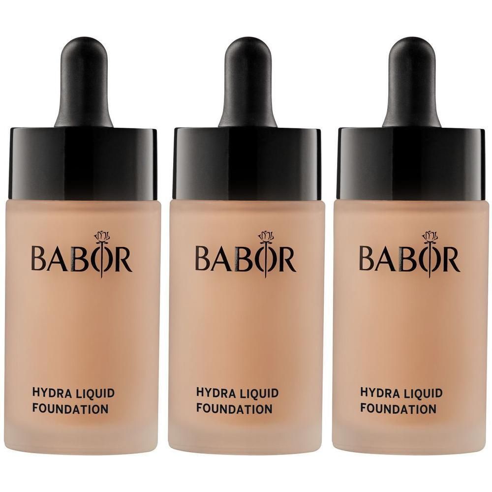 Drie Babor Hydra Liquid Foundation flesjes met druppelaar, kleur zand.