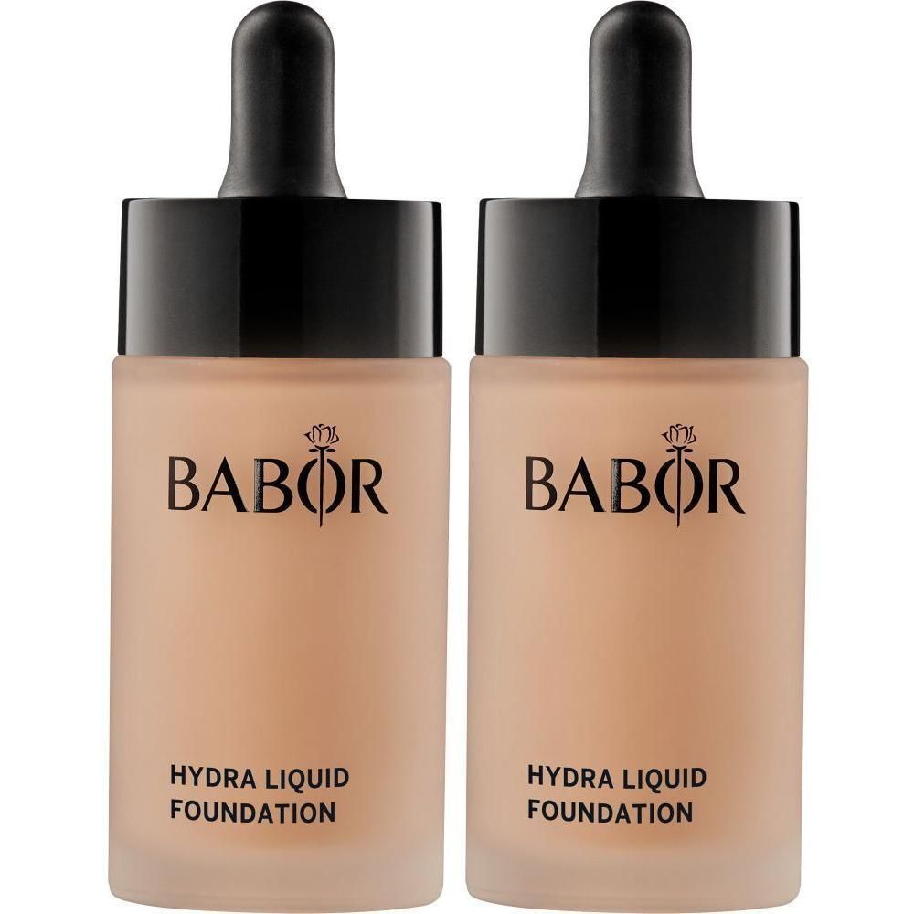 Deux flacons de fond de teint liquide Babor Hydra avec compte-gouttes.