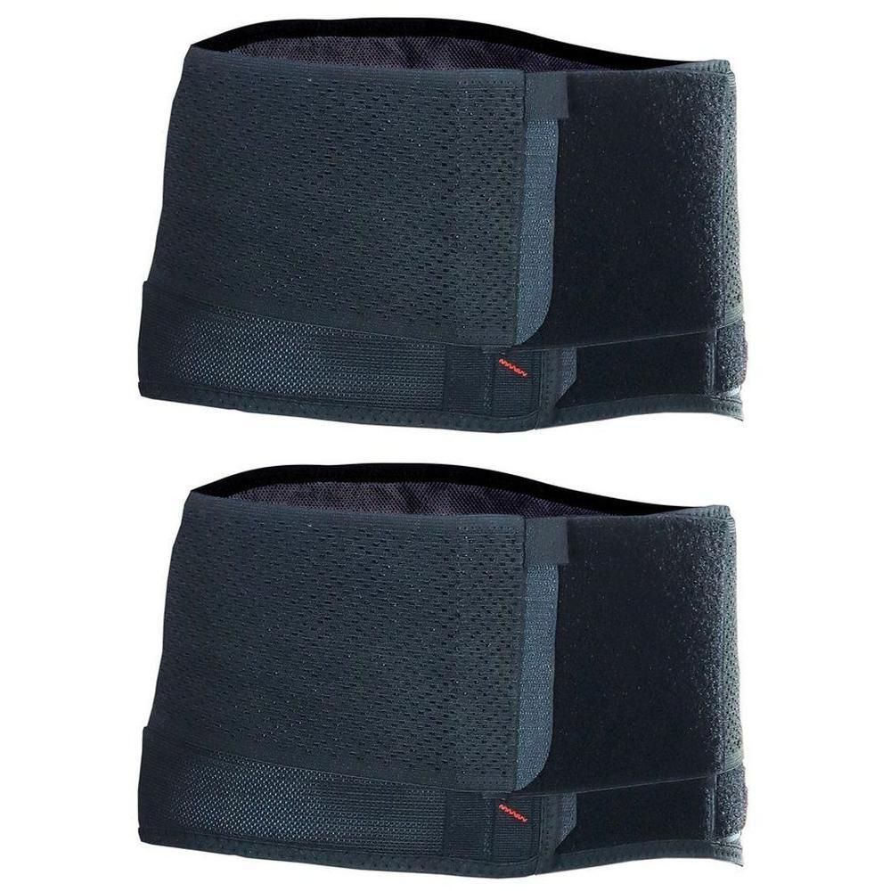Twee zwarte lendensteunen van ademend materiaal met klittenbandsluitingen.