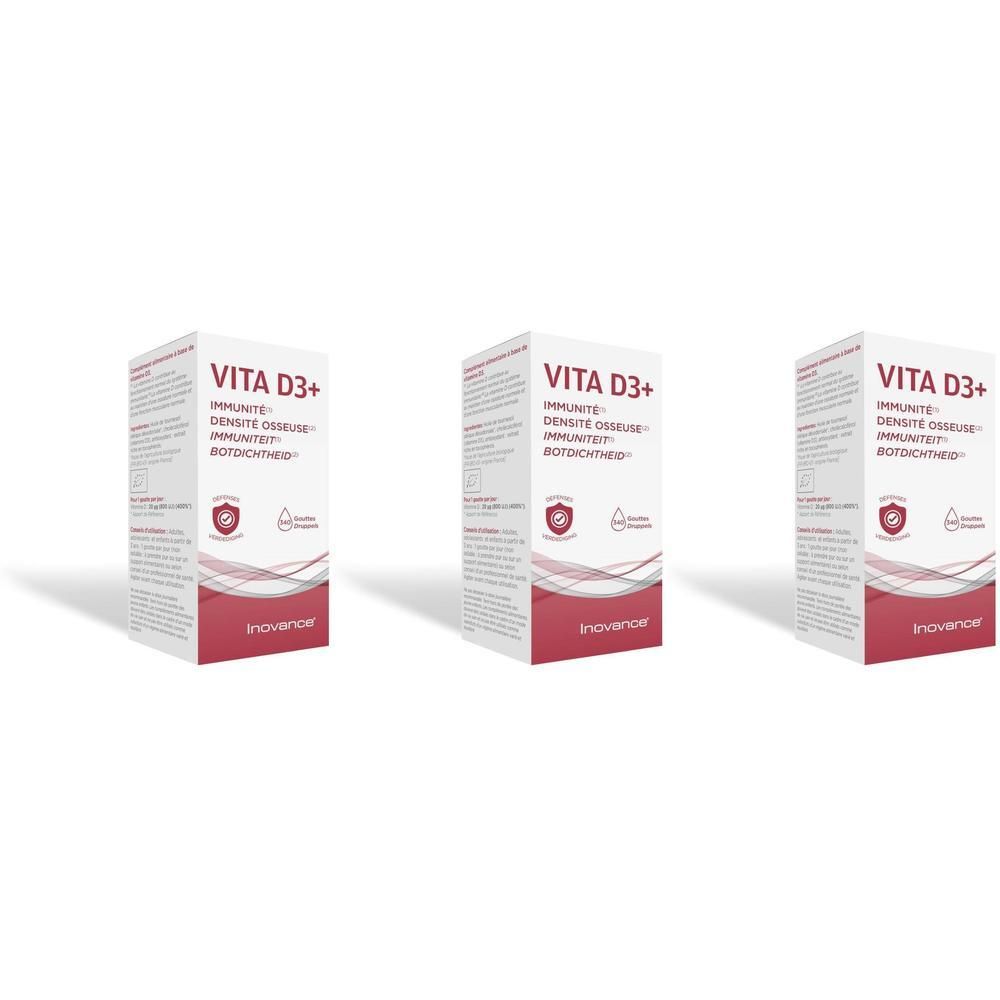 Trois boîtes Inovance Vita D3+ avec texte et logo.