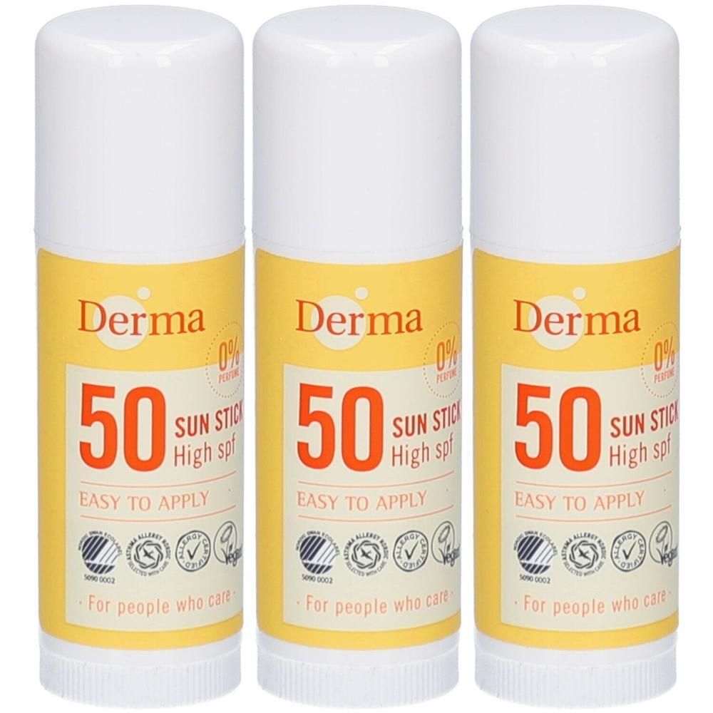 Drie Derma Sun Stick SPF50 sticks met hoge bescherming. Makkelijk aan te brengen.
