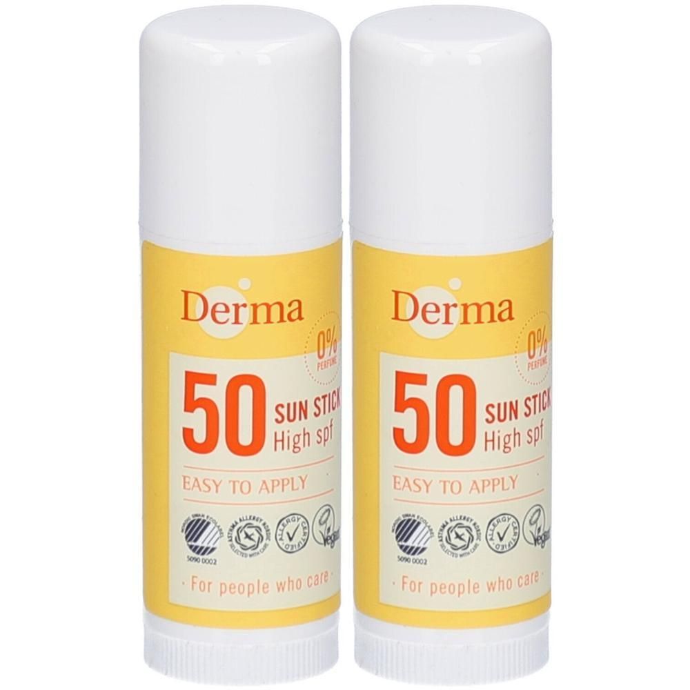 Deux Derma Sun Sticks SPF 50. Emballage jaune avec accents rouges et blancs. "Easy to Apply" et logos visibles.
