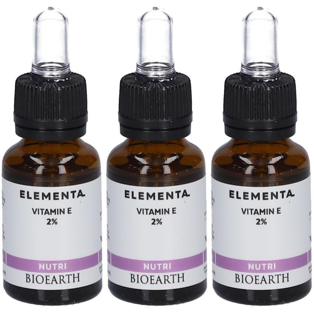 Trois flacons avec compte-gouttes, Elementa Vitamine E 2% Nutri Bioearth.
